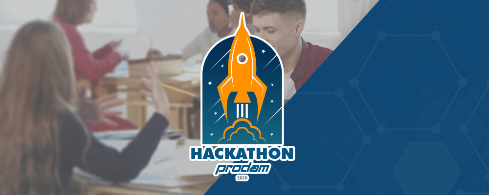 Logo do Hackathon Prodam 2020 com duas pessoas conversando de fundo