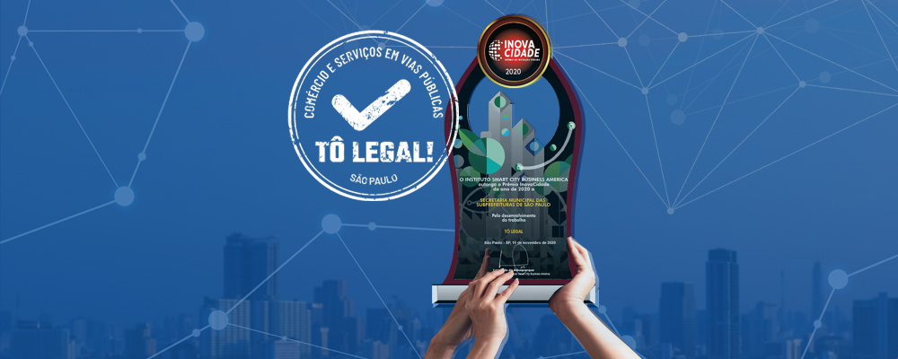 Logo do Tô Legal com mãos segurando o troféu do Inova Cidade 2020