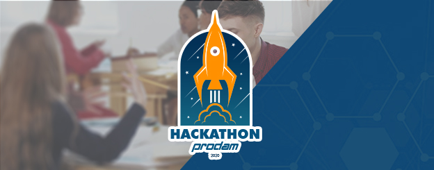 Logo do Hackathon Prodam 2020 com duas pessoas conversando de fundo