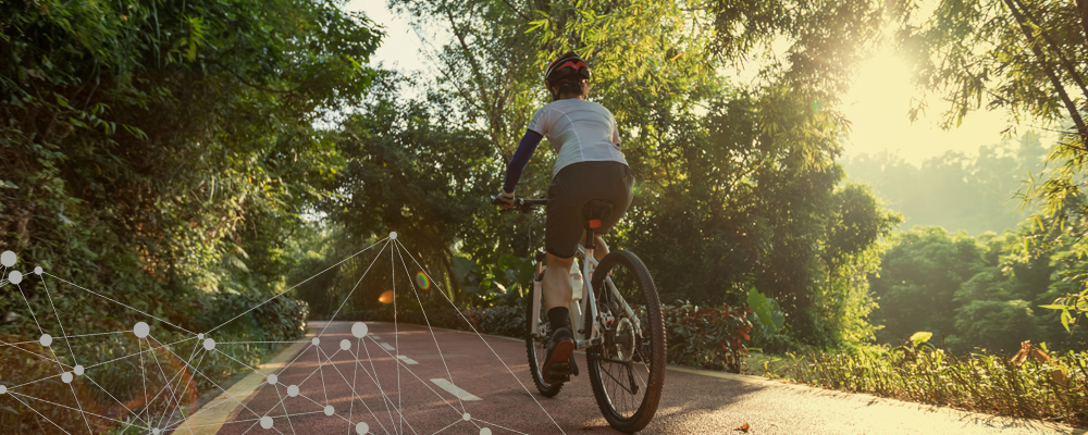 Uma ciclista em uma ciclovia arborizada