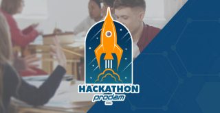 Logo do Hackathon Prodam 2020 com duas pessoas conversando de fundo