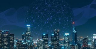 imagem da cidade em fundo tecnológico