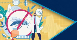 Ilustração de um médico ao lado de uma placa do Sampa Dengue