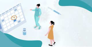 ilustração com pessoas, calendário, seringa para dose da vacina
