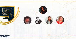 Fotos de Camila Murta, Fernando Gebara, Guga Stocco, Karine Fernandes e Luciana Portugal sobre o logo de 50 anos Prodam.