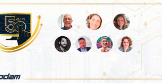 Fotos de Jorge Leite, Lucia Almeida, Simone Fantini, Daniel Portillo, Ruy Shiozawa, Daniela Diniz e Carlos August Jorge Marques, ao lado do logo Prodam 50 anos